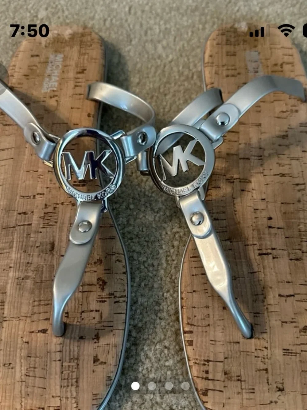 Michael Kors Silver Metallic MK Logo Cork Wedge Sandals